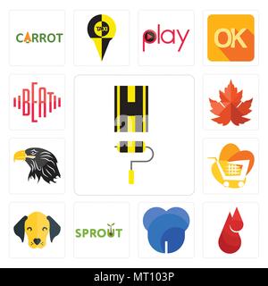 Set Of 13 simple editable icons such as highway, blood drop, dent, sprout, dog face, trolley, eagle head, maple leaf, beat can be used for mobile, web Stock Vector