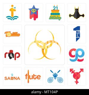 Set Of 13 simple editable icons such as hazardous waste, transgender, badminton club, flute, sauna, gg, rap, all in one, tortilla can be used for mobi Stock Vector
