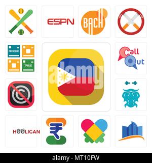 Set Of 13 simple editable icons such as philippine flag, constraction, autism, indian rupee, hooligan, bearded fisherman, no copyright, callout, perio Stock Vector