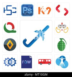 Set Of 13 simple editable icons such as pilot flying j, vitruvian man, bus, raw file, devops, grenade, renault, durga, quiznos can be used for mobile, Stock Vector