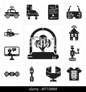 Set Of 13 simple editable icons such as Tree, Smart clothing, Panoramic view, Mechanical arm, Hoverboard, Robot, Artificial intelligence, house, Chain Stock Vector