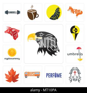 Set Of 13 simple editable icons such as eagle head, , maple leaf, umbrella, cryptocurrency, bull can be used for mobile, web UI Stock Vector