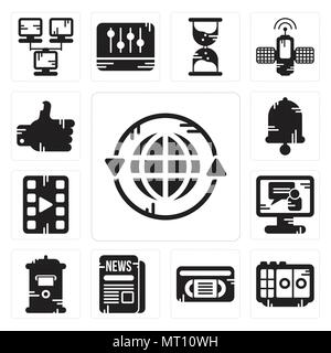 Set Of 13 simple editable icons such as Earth grid, Voice recorder, Vhs, Newspaper, Mailbox, Video call, player, Bell, Like can be used for mobile, we Stock Vector