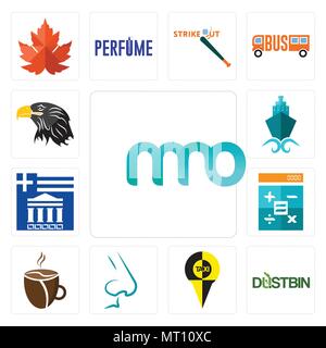 Set Of 13 simple editable icons such as 3 letter, dustbin, , nose, cafeteria, calculator, greek, shipping company, eagle head can be used for mobile,  Stock Vector