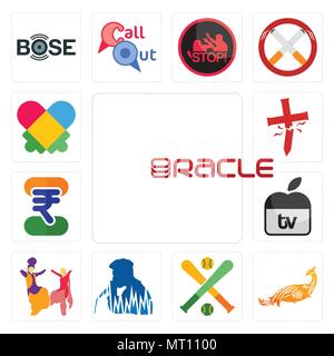 Set Of 13 simple editable icons such as oracle, golden peacock, fantasy baseball, beatbox, bhangra, apple tv, indian rupee, antichrist, autism can be  Stock Vector