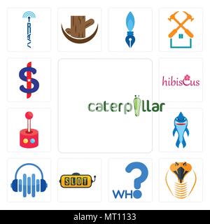 Set Of 13 simple editable icons such as caterpillar, snake head, who, slot machine, audio visual, shark mascot, retropie, hibiscus, us dollar can be u Stock Vector