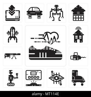 Set Of 13 simple editable icons such as Shoe, Boots, Bionic contact lens, Hologram, Robot, Chainsaw, Google glasses, Smart house, Jet pack can be used Stock Vector