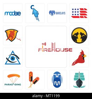 Set Of 13 simple editable icons such as firehouse, tall ship, double m, corn dog, paragliding, cardinal bird, third eye, pack wolf, power play hockey  Stock Vector