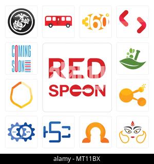 Set Of 13 simple editable icons such as spoon on its, durga, omega, hsc, devops, bitconnect, crest, ayurvedic, coming soon can be used for mobile, web Stock Vector