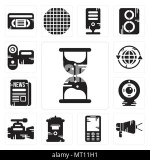 Set Of 13 simple editable icons such as Hourglass, Protest, Mobile phone, Mailbox, Video camera, Webcam, Newspaper, Earth grid, Camcorder can be used  Stock Vector
