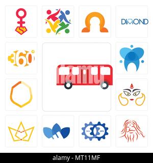 Set Of 13 simple editable icons such as bus, patanjali, devops, adidas, crown, durga, crest, dental, 360 degree can be used for mobile, web UI Stock Vector