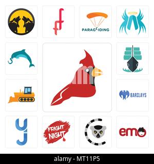 Set Of 13 simple editable icons such as cardinal bird, emo, lemur, fright night, yj, barclays bank, dozer, tall ship, elephand dolphin can be used for Stock Vector
