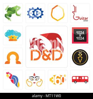Set Of 13 simple editable icons such as dungeons and dragons, bus, 360 degree, durga, parrot, luxury, omega, 1024x1024, supreme can be used for mobile Stock Vector