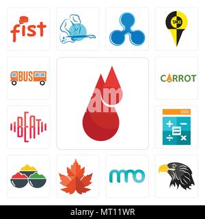 Set Of 13 simple editable icons such as blood drop, eagle head, 3 letter, maple leaf, spice, calculator, beat, carrot, can be used for mobile, web UI Stock Vector