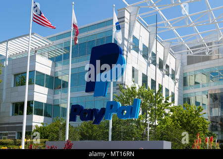 San Jose, California - April 26, 2018: Paypal 's headquarters in Silicon Valley. PayPal is an American company that operates online payments system Stock Photo