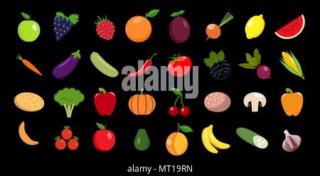 Vector fruits and vegetables icon set isolated on white background ...
