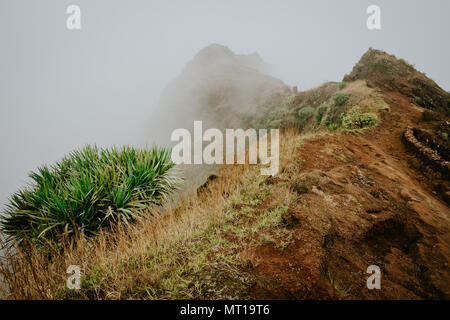 Misty trail leads along the mountain ridge. Path and steep slopes hidden in the fog. Santo Antao Cape Verde Stock Photo