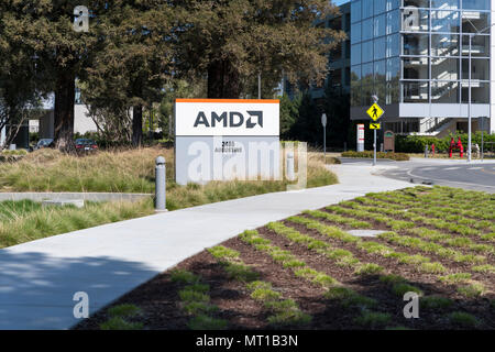 Santa Clara, California - April 26, 2018:  AMD headquarters in Silicon Valley. AMD is an American semiconductor company that develops computer process Stock Photo