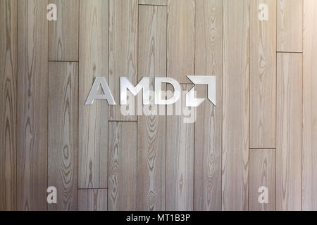 Santa Clara, California - April 26, 2018:  AMD signage at its headquarters in Silicon Valley. AMD is an American semiconductor company that develops c Stock Photo