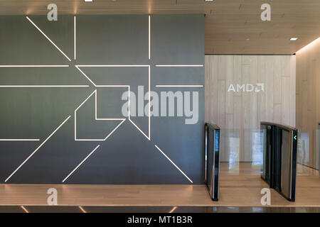 Santa Clara, California - April 26, 2018:  AMD signage at its headquarters in Silicon Valley. AMD is an American semiconductor company that develops c Stock Photo