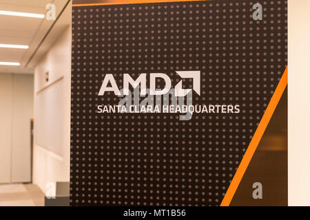 Santa Clara, California - April 26, 2018:  AMD headquarters in Silicon Valley. AMD is an American semiconductor company that develops computer process Stock Photo