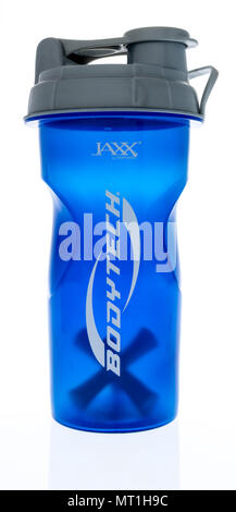 Winneconne - 18 May 2018: A Bodytech protein bottle shaker by Jaxx on an isolated background. Stock Photo