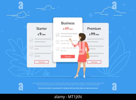 Choose your subscription or payment plan. Young woman standing near pricing panels and choosing the middle price. Flat vector illustration of people w Stock Vector