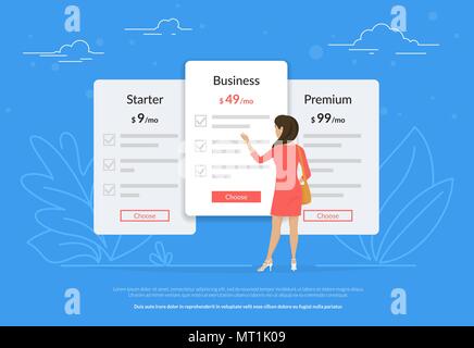 Choose your subscription or payment plan. Young woman standing near pricing panels and choosing the middle price. Flat vector illustration of people w Stock Vector