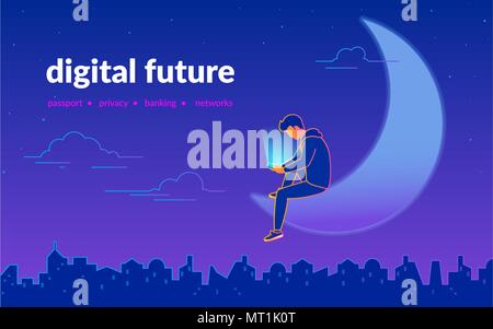 Young man using smartphone sitting on half moon in dark urban midnight panoramic view. Addicted to smartphone guy enjoys his gadget. Gradient line vec Stock Vector