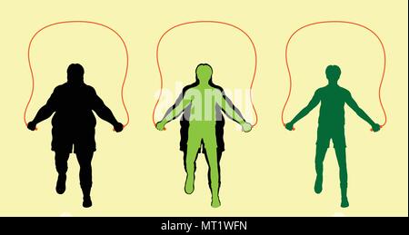 Fat man weight loss with Jumping Rope. All the objects are in different layers. Stock Vector