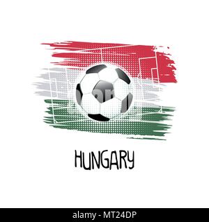 Hand written word 'Hungary' with soccer ball, soccer field and abstract colors of the hungarian flag. Vector illustration. Stock Vector