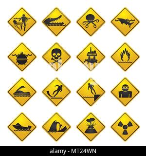 Warning Signs for dangers in sea, ocean, beach and rivers - vector icon set 1 Stock Vector