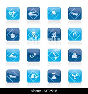 Warning Signs for dangers in sea, ocean, beach and rivers - vector icon set 1 Stock Vector