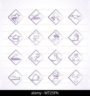 Warning Signs for dangers in sea, ocean, beach and rivers - vector icon set 1 Stock Vector