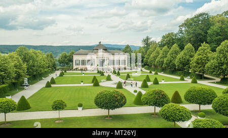 Grounds of Melk Abbey, a Benedictine Abbey towering over the town of Melk beside the Danube River close to the Wachau Region of Lower Austria. Stock Photo