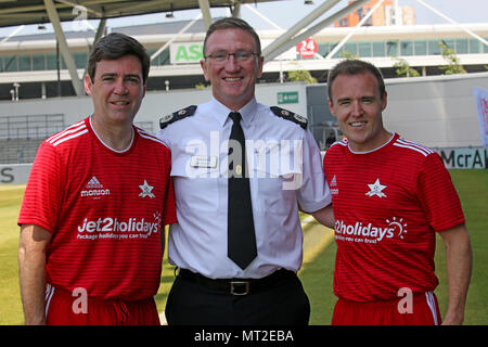 Manchester, UK. 28th May 2018. The Chief Constable, Ian Hopkins, Mayor Andy Burnham and coronation street star Alan Halsall befor a match which sees emergency services and celebrities go head to head for 'We Love Manchester All-Star football match',Manchester City Academy, Manchester, 27th May, 2018 (C)Barbara Cook/Alamy Live News Stock Photo
