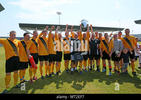 Manchester, UK. 28th May 2018. Winners of the All Star Football match,  the emergency services team, which includes police officers, fire and ambulance crews who have played in aid of the 'We Love Manchester Emergency Fund', Manchester, 27th May, 2018 (C)Barbara Cook/Alamy Live News Stock Photo