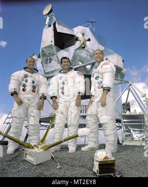 Houston, TX - September 22, 1969 -- Portrait of the prime crew of the Apollo 12 lunar landing mission. From left to right they are: Commander, Charles 'Pete' Conrad Jr. Command Module pilot, Richard F. Gordon Jr. and Lunar Module pilot, Alan L.Bean. The Apollo 12 mission was the second lunar landing mission in which the third and fourth American astronauts set foot upon the Moon. This mission was highlighted by the Lunar Module nicknamed 'Intrepid' landing within a few hundred yards of a Surveyor probe which was sent to the Moon in April of 1967 on a mapping mission as a precursor to landing. Stock Photo
