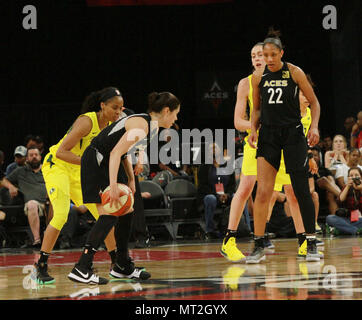 Las Vegas, Nevada, USA. 27th May, 2018. A'ja Wilson # 22 of the Las Vegas Aces sets a screen for guard Kelsey Plum # 10 against Jewell Loyd # 24 of the Seattle Storm during the Las Vegas Aces first ever WNBA home game on May 27, 2018 at the Mandalay Bay Events Center in Las Vegas, Nevada. Credit: Marcel Thomas/ZUMA Wire/Alamy Live News Stock Photo