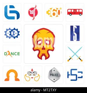 Set Of 13 simple editable icons such as skull, hsc, generic police, durga, omega, excalibur, dance, rs, devops can be used for mobile, web UI Stock Vector