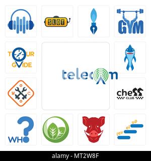 Set Of 13 simple editable icons such as, level up, boars head, leaf, who, chess club, working class, shark mascot, tour guide can be used for mobile,  Stock Vector