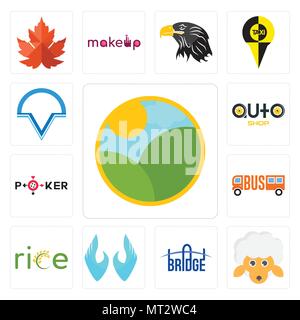 Set Of 13 simple editable icons such as farm, , bridge, two hands, auto shop, v circle can be used for mobile, web UI Stock Vector