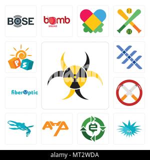 Set Of 13 simple editable icons such as quarantine, urchin, e waste, ahp, loch ness monster, non smoking, fiber optic, triple x, pre school can be use Stock Vector