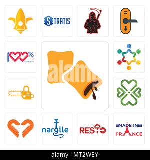 Set Of 13 simple editable icons such as krave, made in france, resto, nargile, handicraft company, four  hearts, chainsaw, peoples, 100 satisfaction c Stock Vector