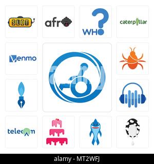 Set Of 13 simple editable icons such as handicap accessible, milk company, shark mascot, cake, audio visual, pen nib, cockroach, venmo can be used for Stock Vector
