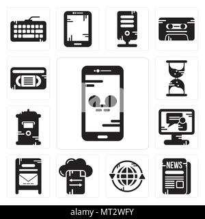Set Of 13 simple editable icons such as Smartphone, Newspaper, Earth grid, File transfer, Mailbox, Video call, Hourglass, Vhs can be used for mobile,  Stock Vector