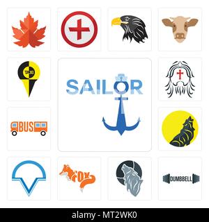 Set Of 13 simple editable icons such as sailor, dumbbell, wolf, , v circle, can be used for mobile, web UI Stock Vector