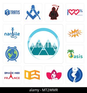 Set Of 13 simple editable icons such as mont, squat, massage therapist, oes, made in france, oasis, earth hour, omg, nargile can be used for mobile, w Stock Vector