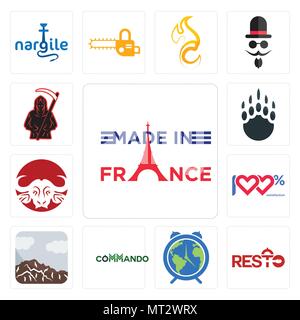 Set Of 13 simple editable icons such as made in france, resto, earth hour, commando, sierra, 100 satisfaction, buffalo brand, grizzly claw, grim reape Stock Vector