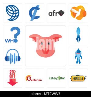 Set Of 13 simple editable icons such as pig face, slot machine, caterpillar, centurion, 20% off, shark mascot, audio visual, pen nib, who can be used  Stock Vector